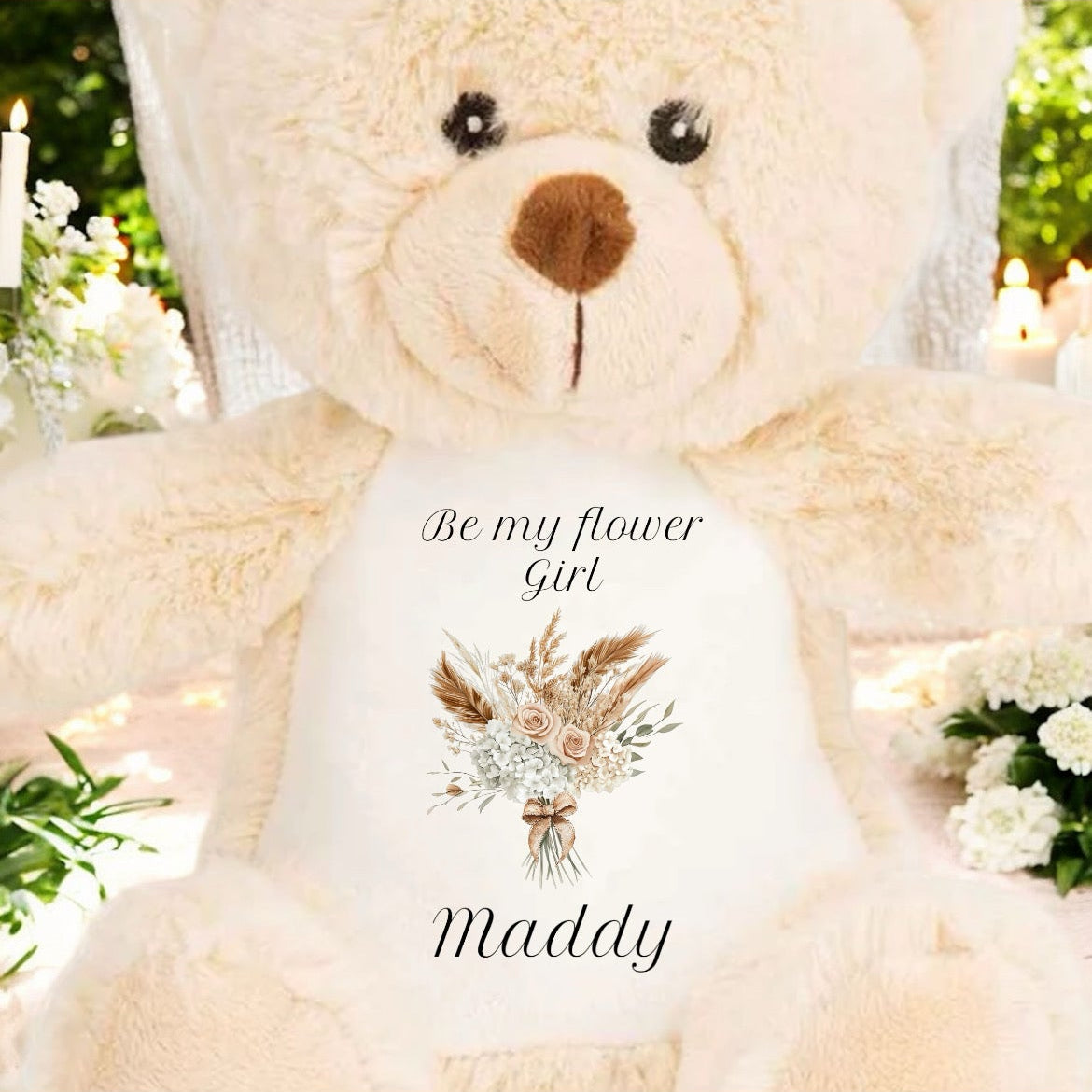 White teddy bear with a floral design and text on a white background