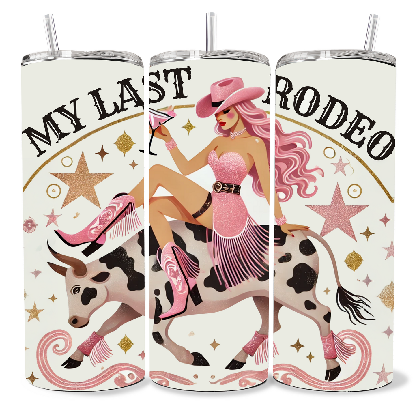 Three insulated tumblers with a cowboy and cowgirl design, featuring text and stars on a white background.