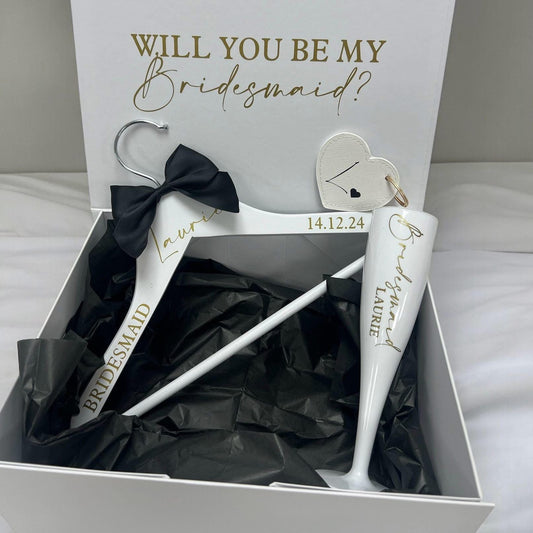 Gift set with 'Will You Be My Bridesmaid?' question, hanger, and foam hand in a box.