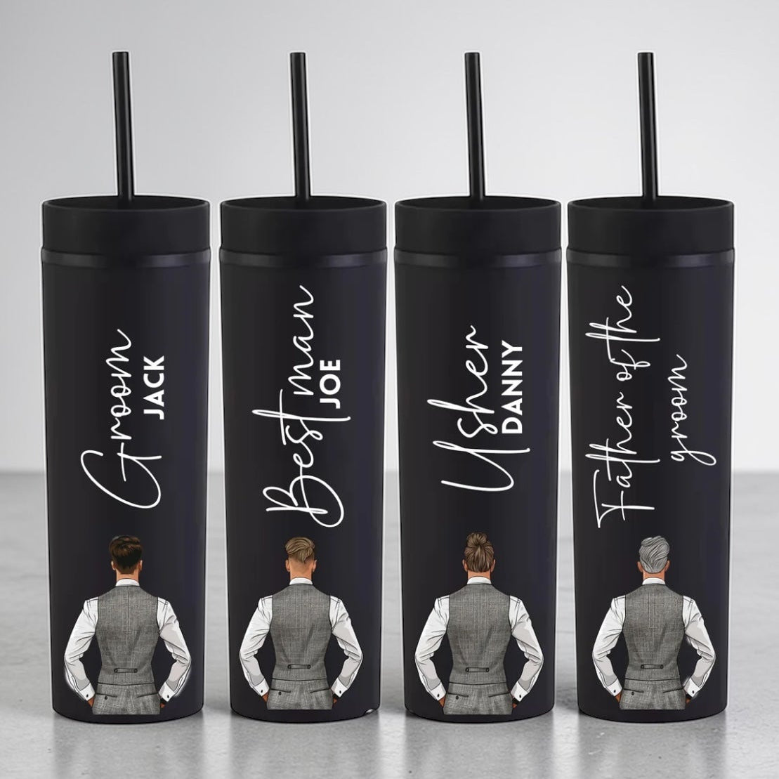 Four black tumblers with illustrations of men in suits and text on a gray background