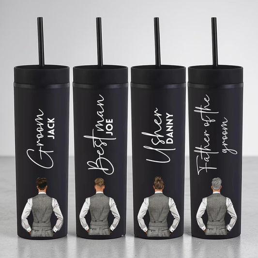 Four black tumblers with illustrations of men in suits and text on a gray background