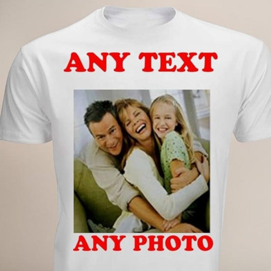 White t-shirt with a photo of a family and text space on a beige background