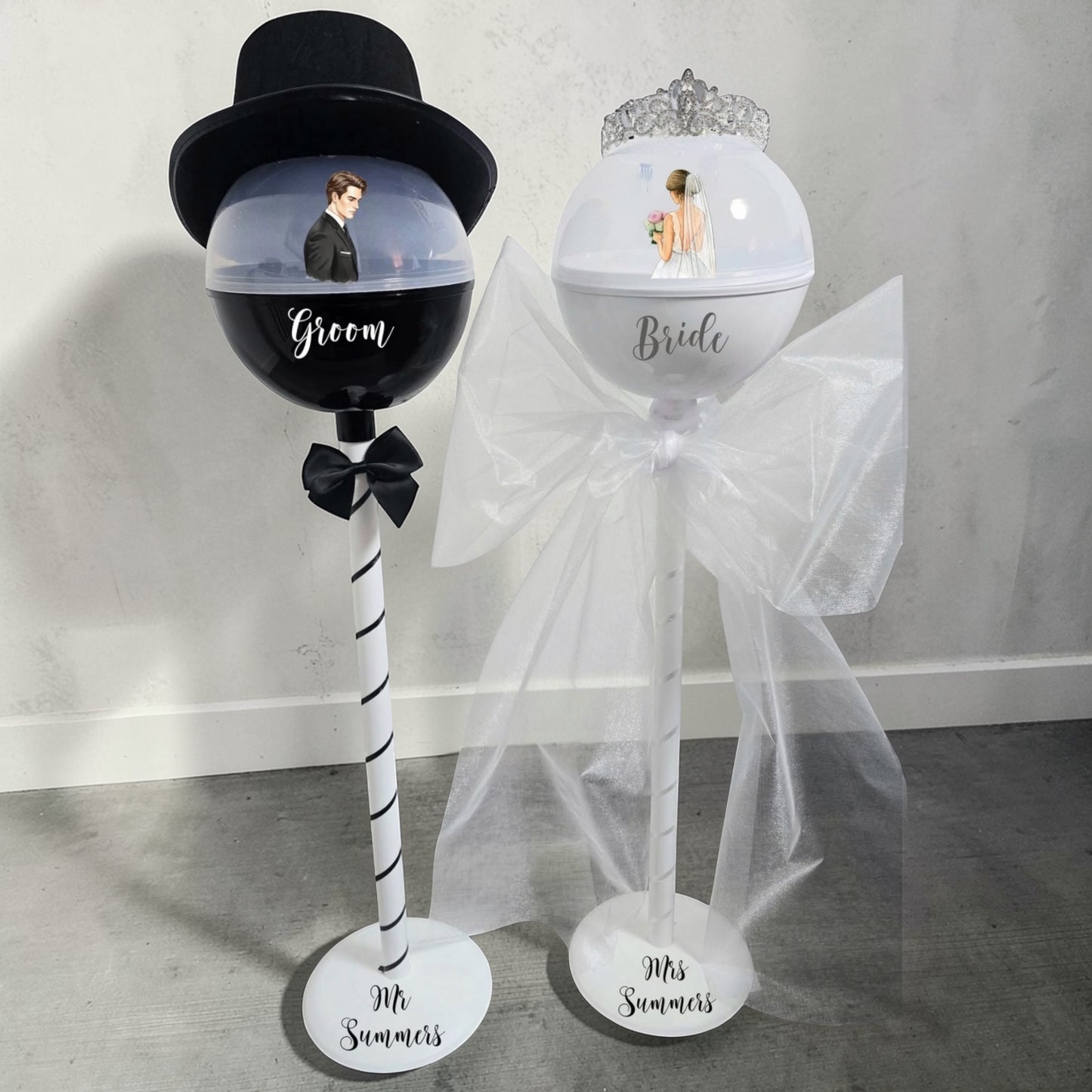 Mr & Mrs Fillable Lolipops with hat and tiara