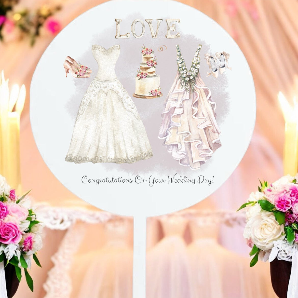 Decorative card with wedding-themed illustrations and flowers on a blurred background