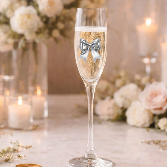 Champagne flute with a decorative bow on a table with floral arrangements and candles.