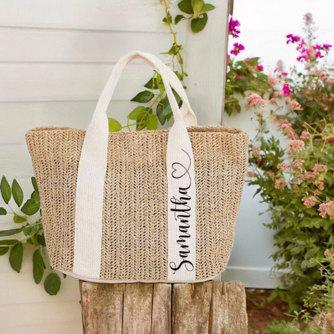 Woven tote bag with a strap and floral background