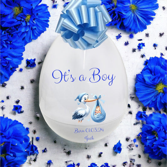Baby shower card with stork holding a baby and 'It's a Boy' text, surrounded by blue flowers.